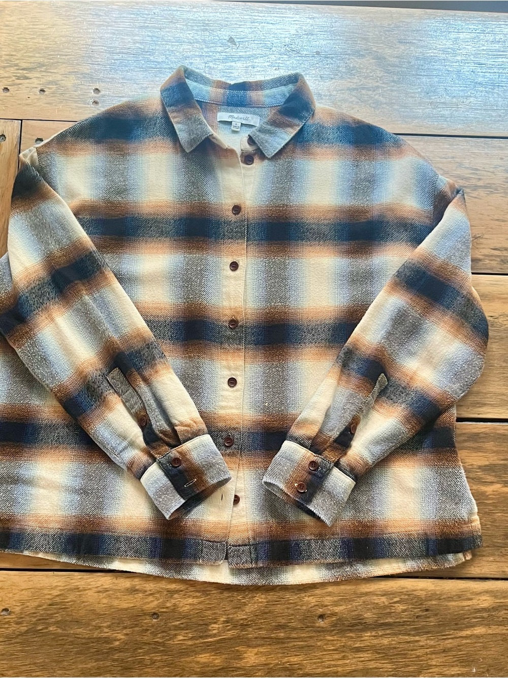 Madewell women’s Plaid Button-Front women’s  Shirt Jacket in Cream, Blue & Brown